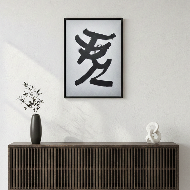 Framed black and white artwork on a wall above a wooden console table.