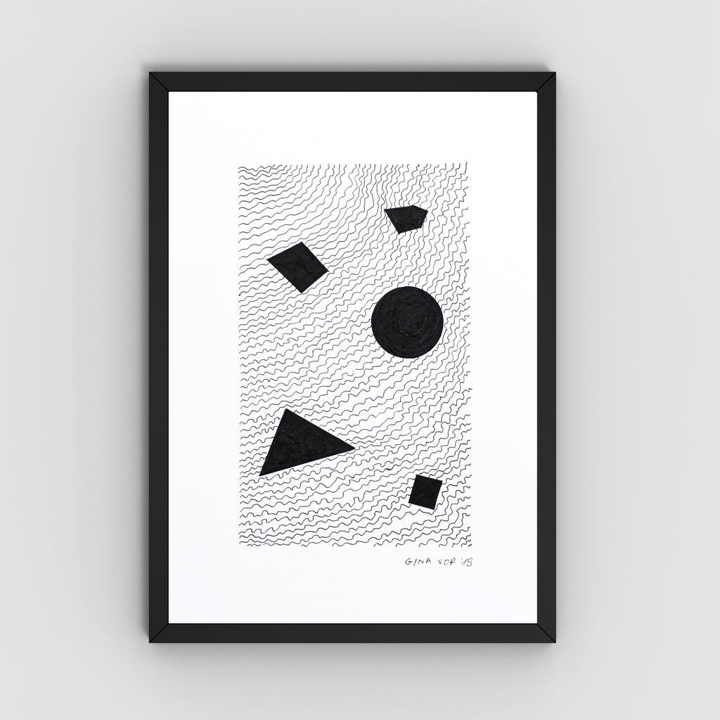 A framed abstract art featuring black geometric shapes on a white background with fine wavy line patterns, presented in a black frame against a light gray wall.