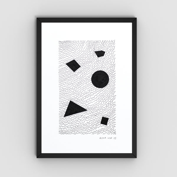 A framed abstract art featuring black geometric shapes on a white background with fine wavy line patterns, presented in a black frame against a light gray wall.
