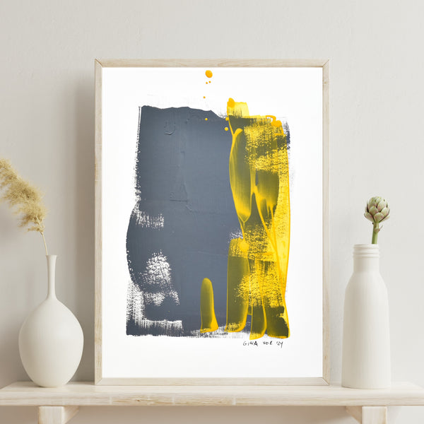 Gina Vor: Minimalist abstract artwork in grey and yellow on recycled paper.
