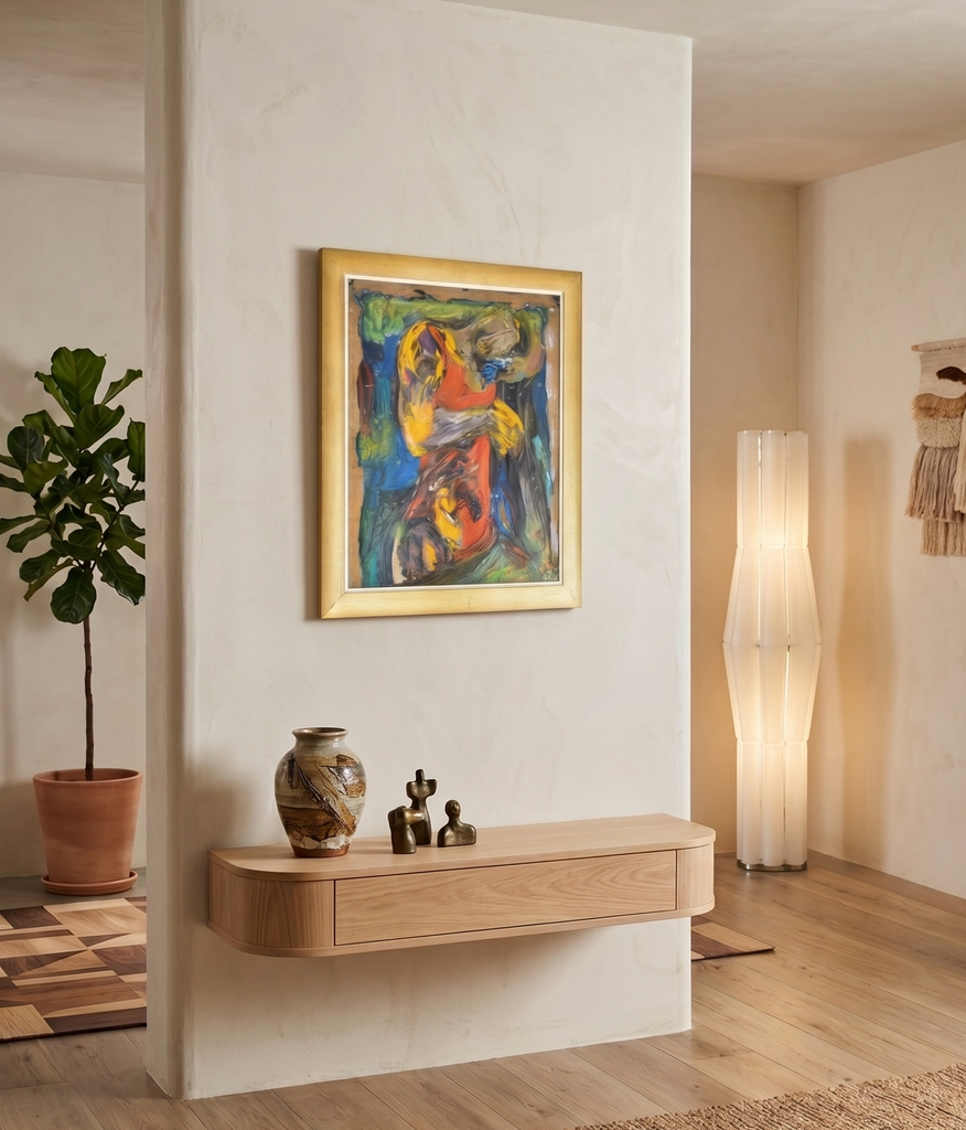 Modern interior with a painting on the wall, a lamp, and decorative items.