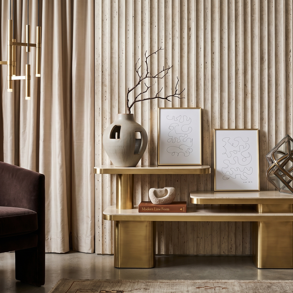 A modern console table set in a styled interior room, featuring a gold-finished bench and tiered shelves with decorative vases, framed art, books, and a geometric sculpture. The background consists of a textured beige fluted wall and curtains.