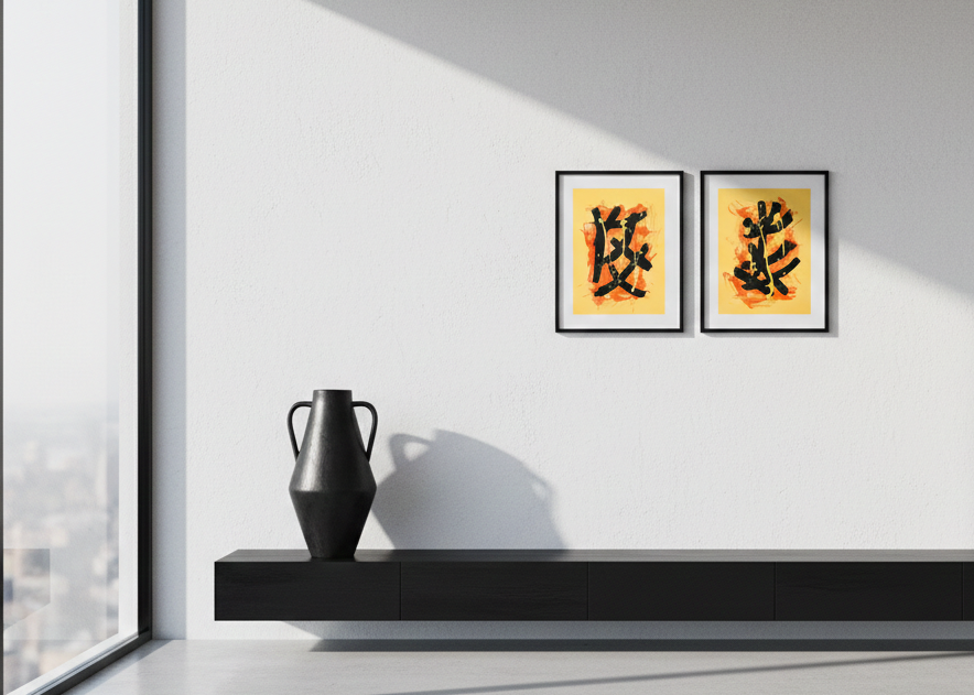 Modern interior with a black shelf, vase, and two framed artworks on a white wall.