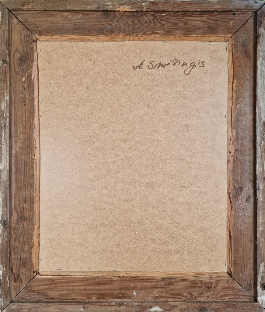 The back of a rustic wooden framed artwork, showing back of an abstract artwork with the handwritten signature 'A. Smilingis' in the top right corner.
