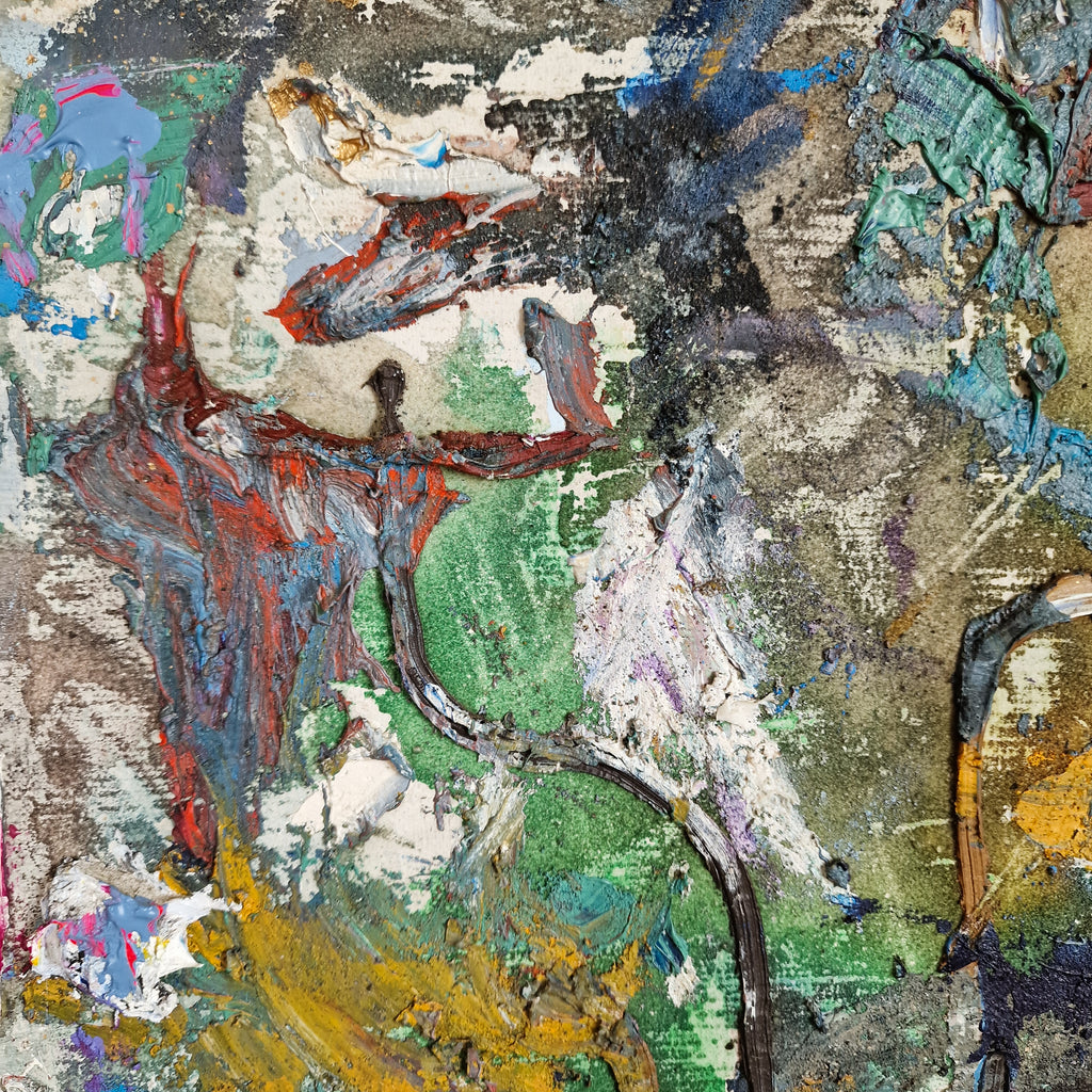 An abstract textured painting with thick impasto brushstrokes in green, red, blue, gray, white, yellow, and black, filling the entire frame.