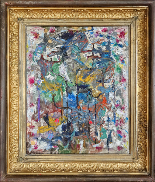 An abstract expressionist painting with a multicolor palette of blue, green, yellow, pink, and red brushstrokes, framed in an ornate gold-colored frame.