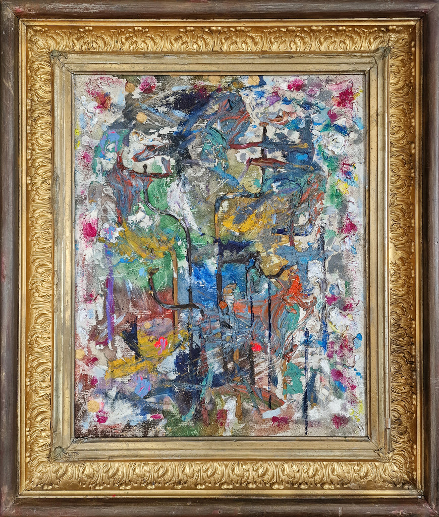 An abstract expressionist painting with a multicolor palette of blue, green, yellow, pink, and red brushstrokes, framed in an ornate gold-colored frame.