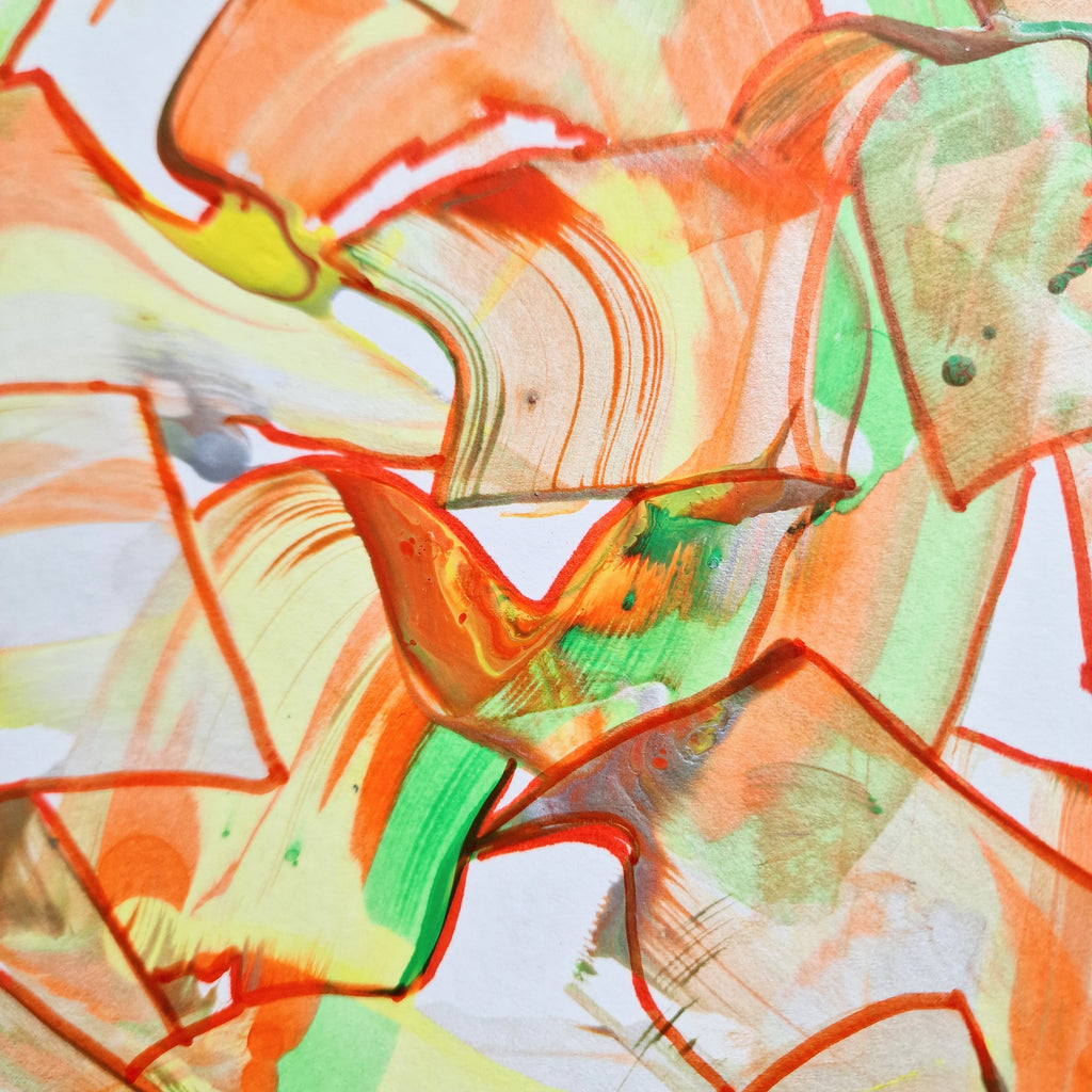 Abstract art with orange, green, and red colors on a white background