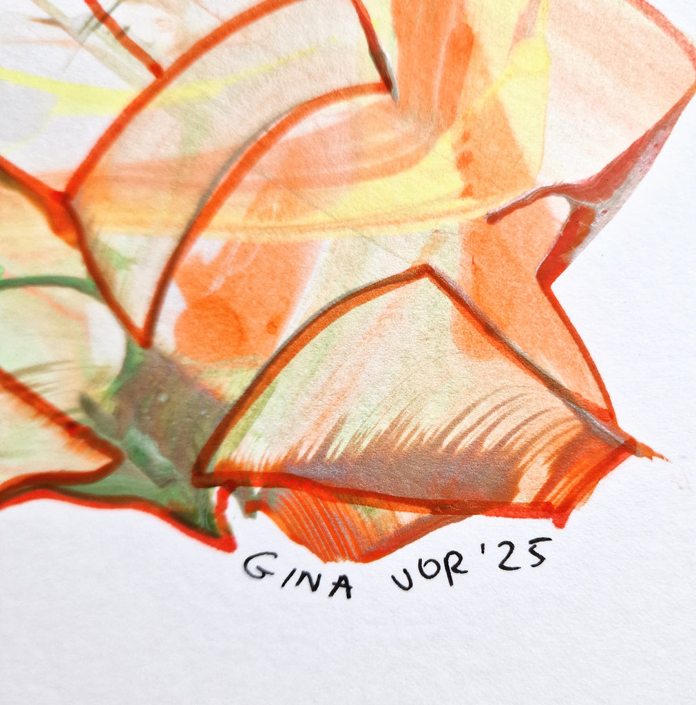 abstract painting in orange and green colors, signed 'Gina Vor'25', on a white background.