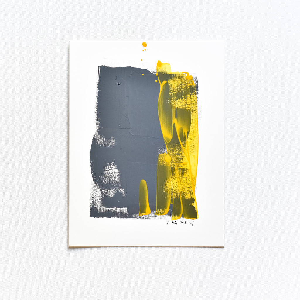 Cool grey meets warm yellow in Gina Vor's miniature abstract acrylic painting.