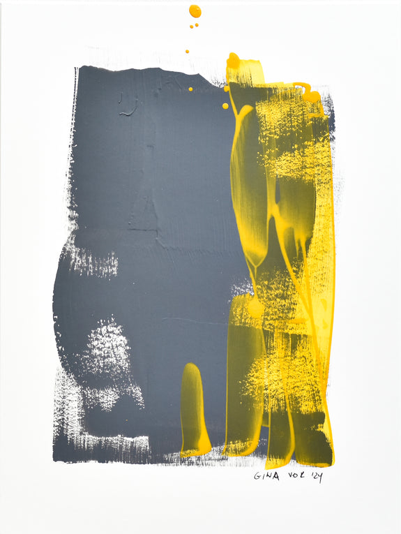 Textured grey base with dancing yellow lines - explore the details of Gina Vor's miniature artwork.