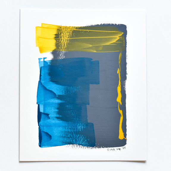 Small abstract piece by Gina Vor. Playful balance of cool blue and warm yellow against neutral grey.