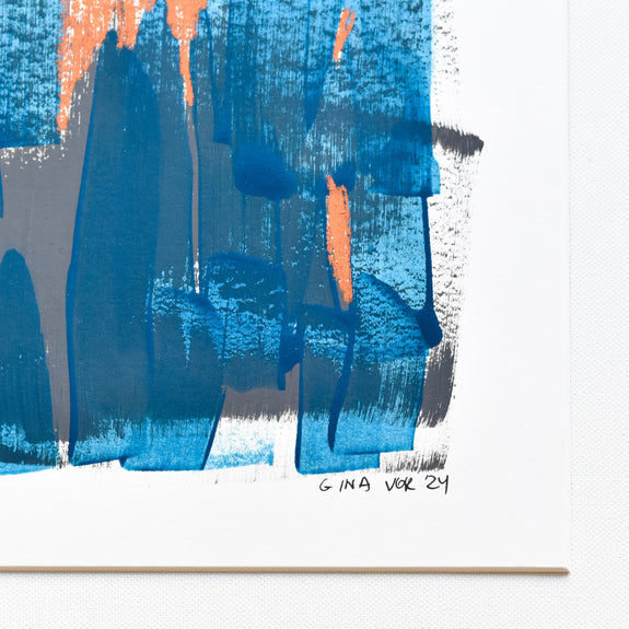 Original abstract painting (32x26 cm) in blue and orange for sale.