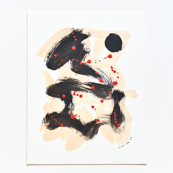 Minimalist Conversation Starter: Beige and black acrylics dominate this abstract artwork with pops of red. The swirling lines and stark white circle invite interpretation. Eco-friendly recycled matting.