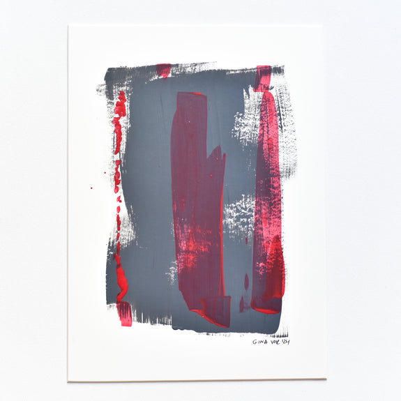 Eco-conscious art! This minimalist artwork utilizes acrylics to create a balance between calming grey and a bold red rectangle. A statement piece for modern spaces.