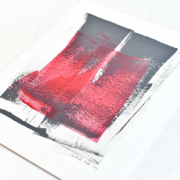 Eco-Friendly Art: Grey & Red Harmony. This captivating abstract features calming grey contrasted by vibrant red strokes. Acrylics on recycled matting. Sophisticated & sustainable.