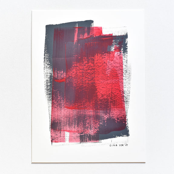 Tranquility Meets Energy: Red & Grey Abstract by Gina Vor. This captivating artwork features a cool grey background contrasted by a burst of vibrant red. Handcrafted on recycled matting.