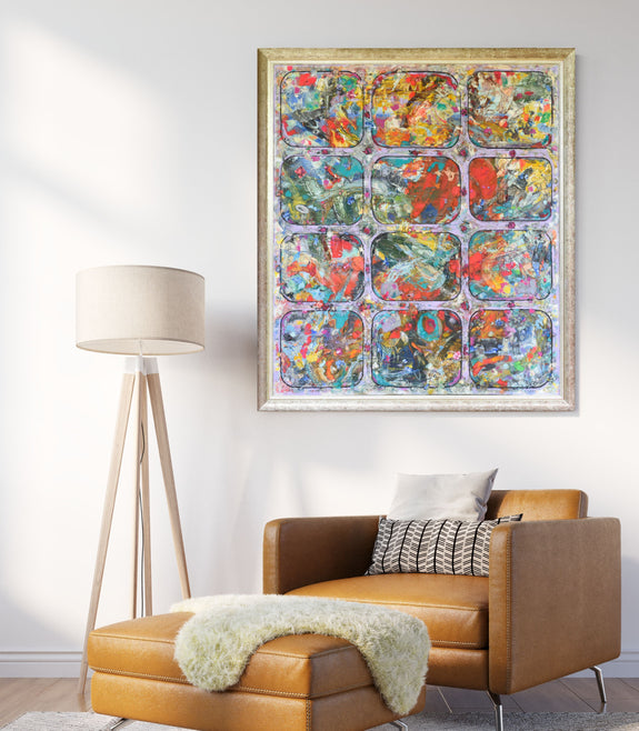 Vibrant abstract expressionist artwork by Aloyzas Smilingis-Elis adds a burst of color to a contemporary living space. (For photo of artwork in interior)