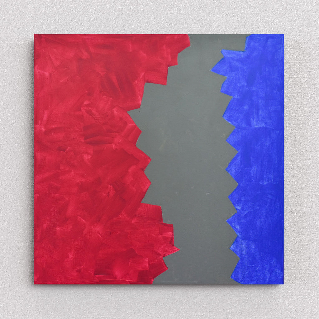 Minimalist Masterpiece: Abstract Art by Gina Vor. This miniature features a captivating interplay of cool grey, vibrant red & tranquil blue with bold geometric lines. A modern statement piece.