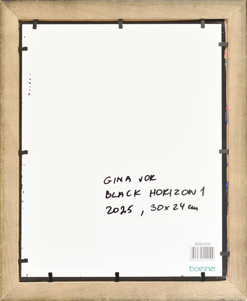 Framed artwork with text and dimensions on a white background