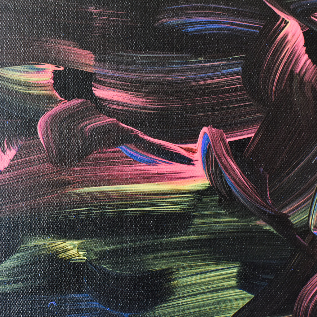Abstract art with pink, green, and blue brush strokes on a dark background