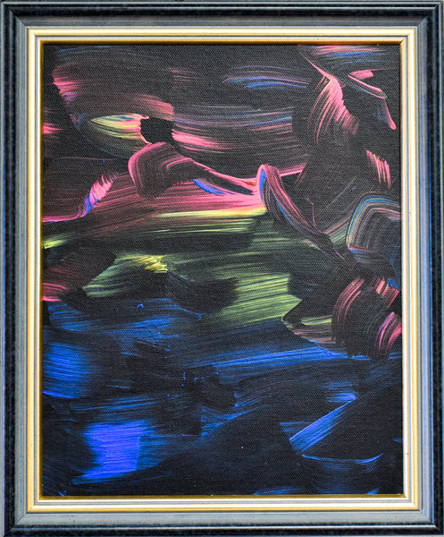 Abstract painting with colorful brush strokes in a black frame