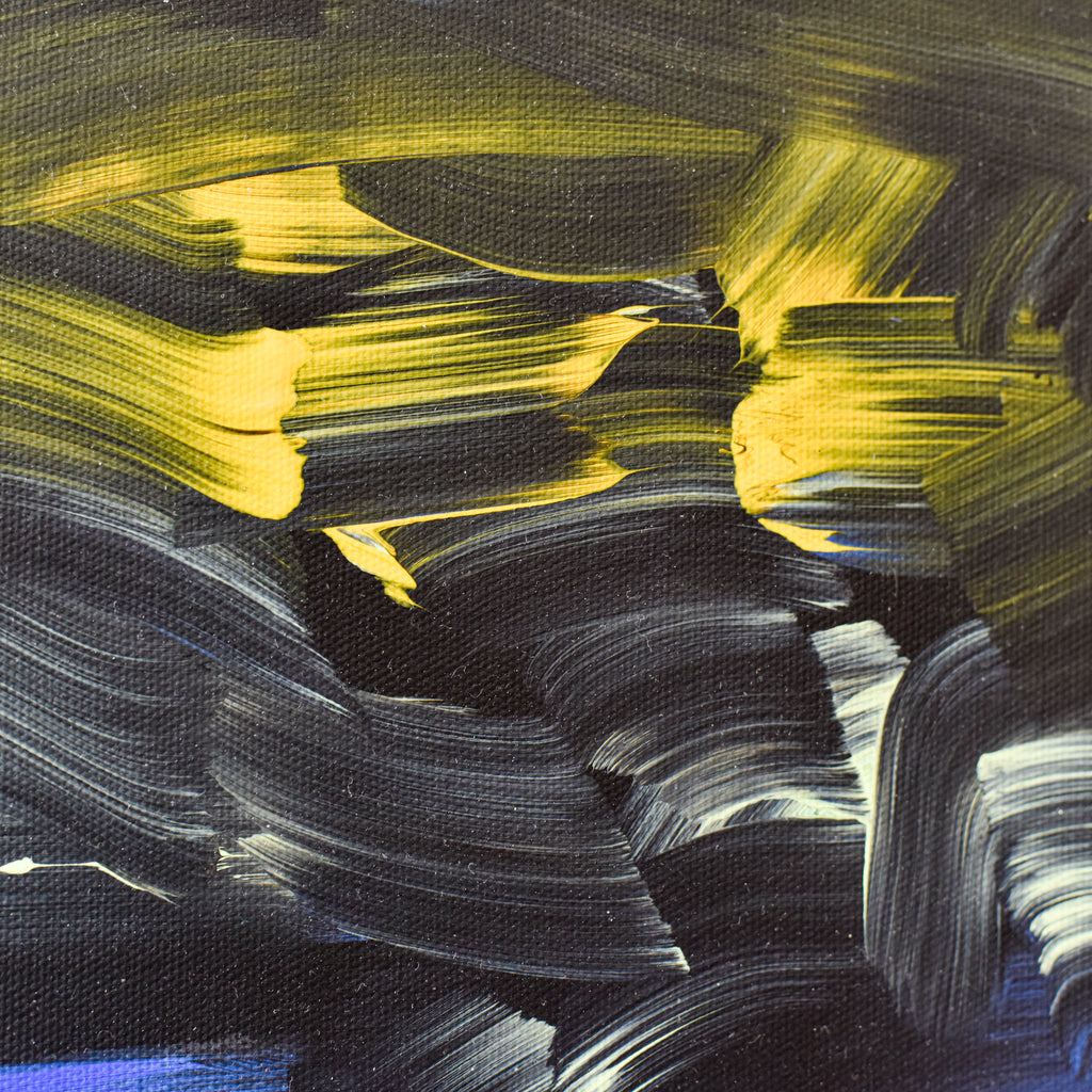 Abstract painting with yellow, black, and white brush strokes