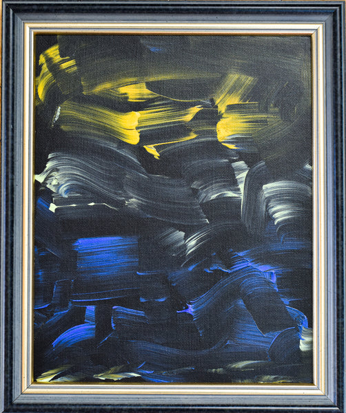 Small abstract landscape painting titled Horizon 2 by Gina Vor, featuring bold yellow and blue gestural brushstrokes on a dark background, enclosed in a classic dark frame.