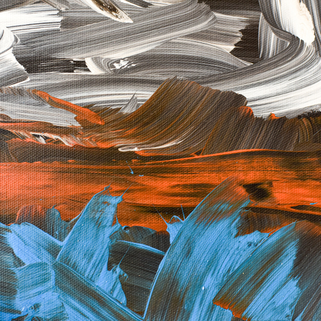 Abstract painting with orange, blue, and gray brush strokes