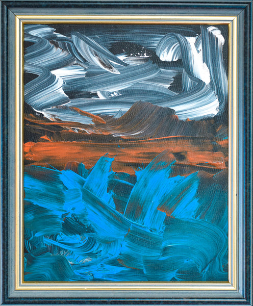 Abstract painting with blue, orange, and white brush strokes in a gold frame.