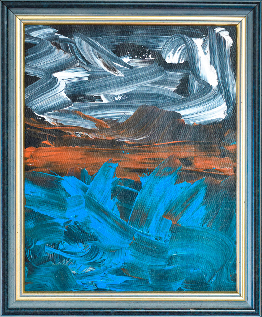 Abstract painting with blue, orange, and white brush strokes in a gold frame.