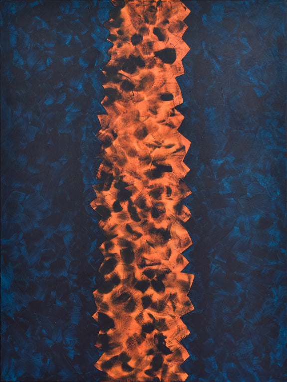 Minimalist abstract painting in dark blue and orange, featuring expressive brushwork by best-selling artist Gina Vor