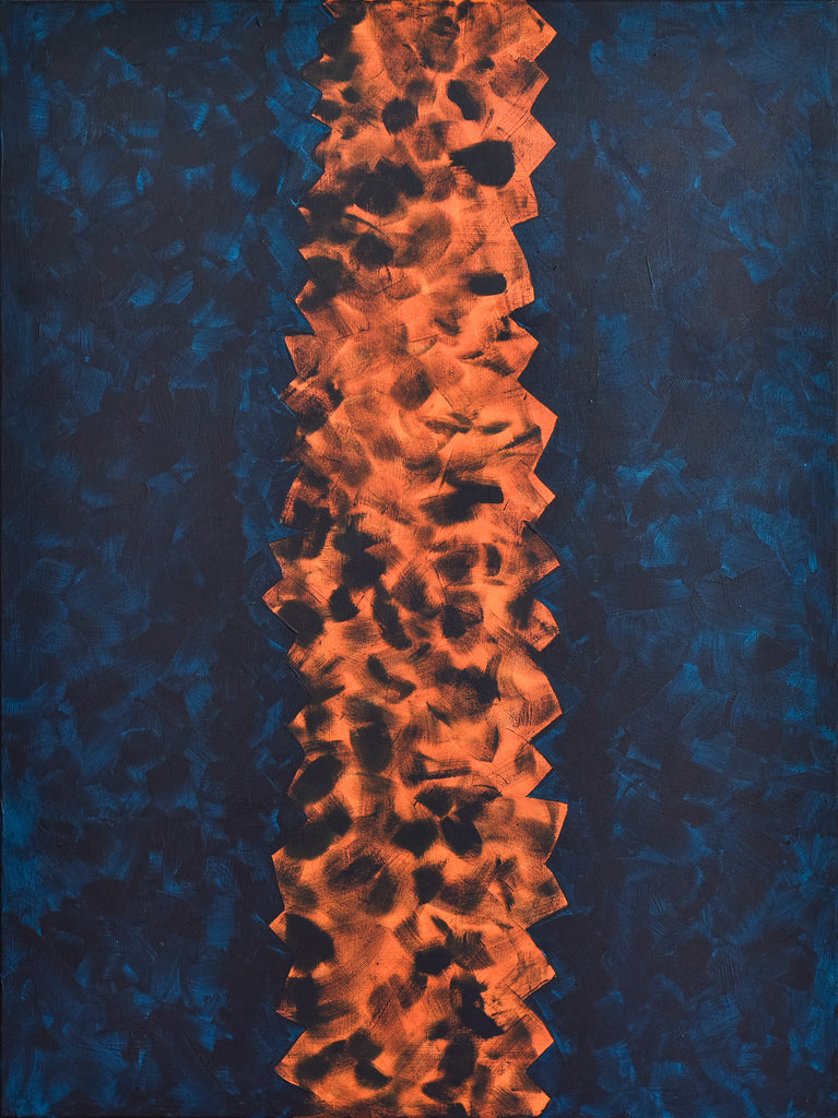 Minimalist abstract painting in dark blue and orange, featuring expressive brushwork by best-selling artist Gina Vor