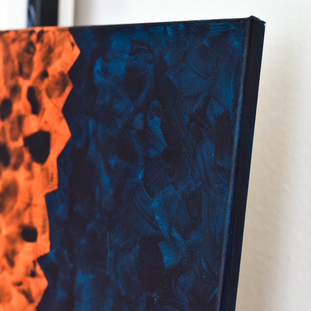 Medium-sized vertical abstract painting in dark blue and orange, a striking minimalist piece by Gina Vor