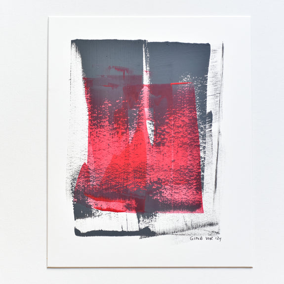 Tranquility with Energy: This minimalist masterpiece showcases a cool grey background with bold red accents. Acrylics on recycled matting. Modern & conversation-starting art.