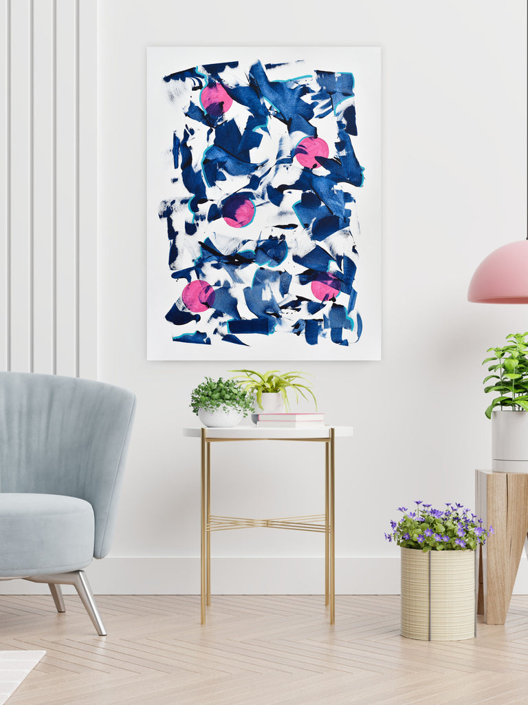 Abstract painting: Prussian blue with pink geometric shapes and turquoise lines. Gina Vor's Prussian Blue series.