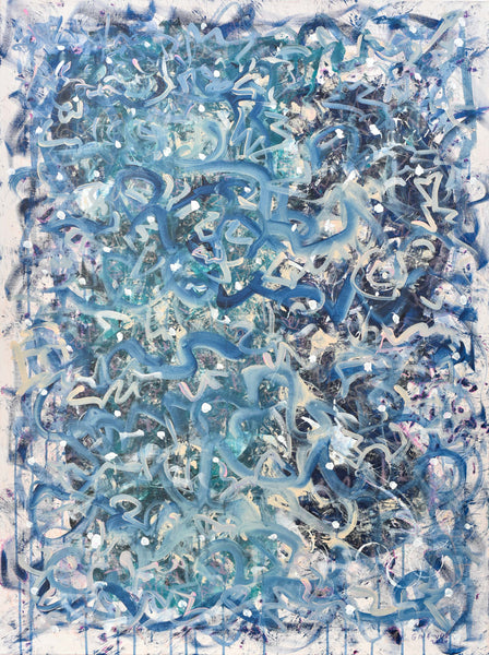 Abstract painting by Gina Vor featuring swirling blue brushstrokes, white accents, and subtle pastel tones, evoking the energy of a snowstorm.