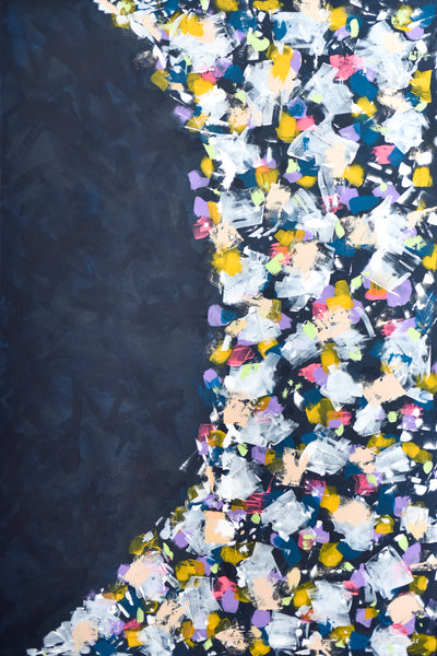 Colorful abstract painting, blossom vortex falling on a dark surface