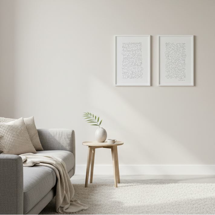 A styled living room corner with a light gray sofa, textured pillows, a beige throw blanket, a small round wooden side table, a ceramic vase with a green sprig, and two framed abstract line draings on a warm beige wall.