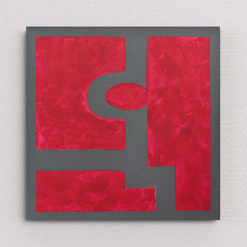 Miniature abstract painting: imperfect lines and shapes in red and gray create a sense of order and dynamism.