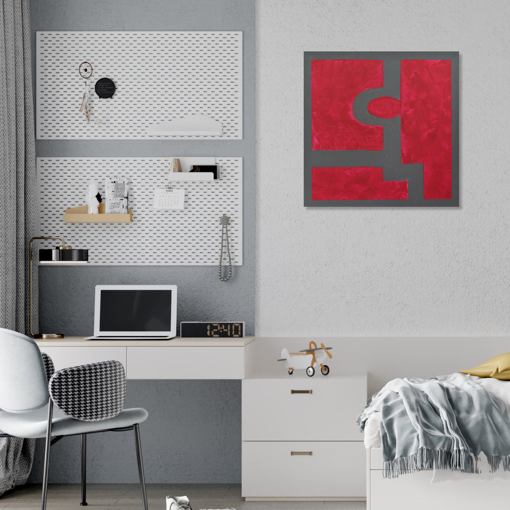 Playful geometric abstraction in red and gray, reminiscent of the Tetris game.