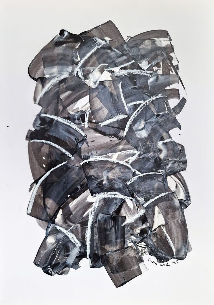 Abstract art piece with black and gray shapes on a white background