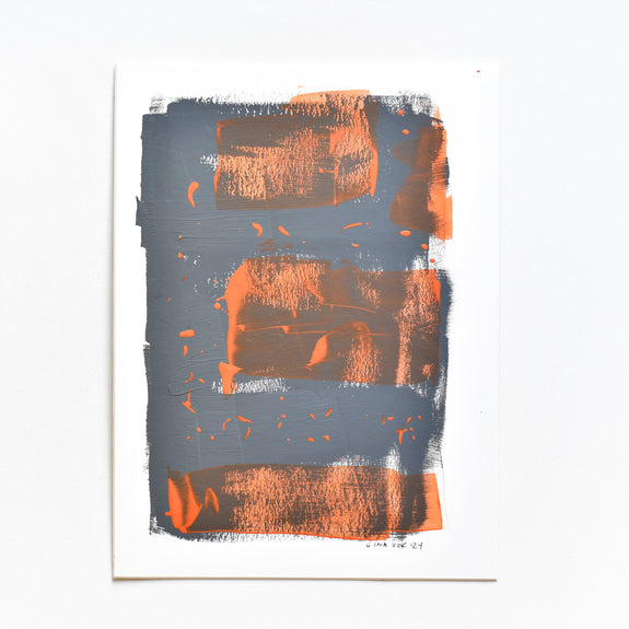 Gina Vor: Abstract artwork in grey and orange, explores texture and movement with acrylics on recycled paper. 