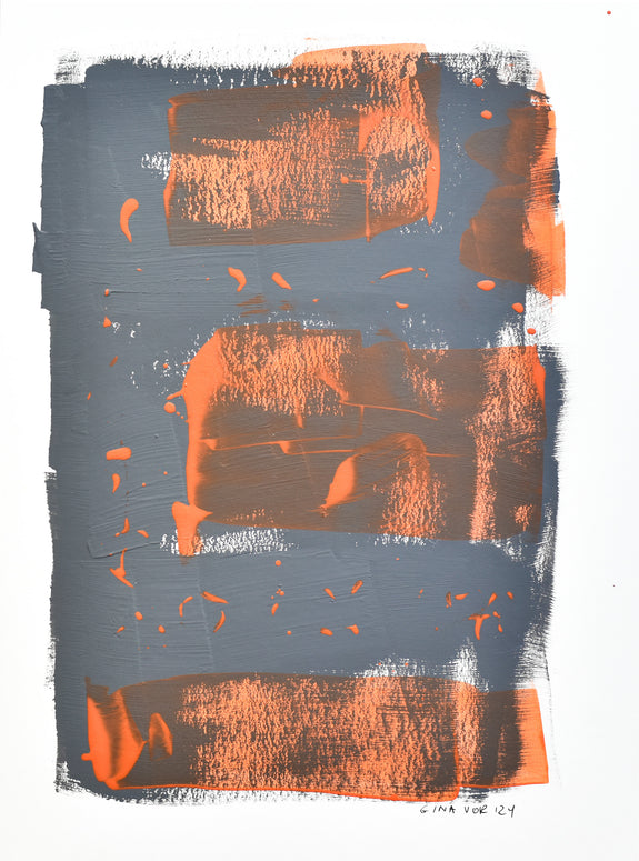 Close-up view of Gina Vor's abstract artwork reveals the textural contrast between orange paint and recycled matte. 
