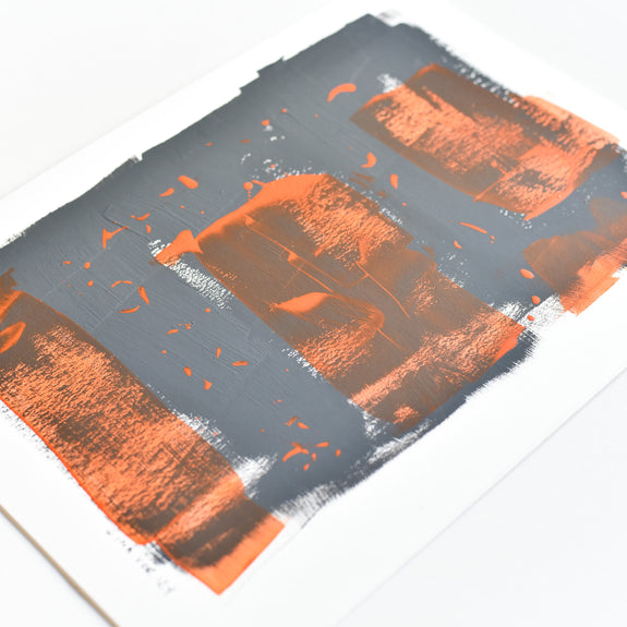 Contrasting textures and colors: Gina Vor's abstract piece features burnt orange strokes on a cool grey background. 