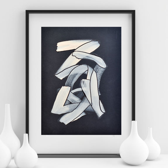 Black & White Abstract (Original Art): Simple & elegant, this original abstract painting features gestural lines in black and white on black archival matting. Art for sale.