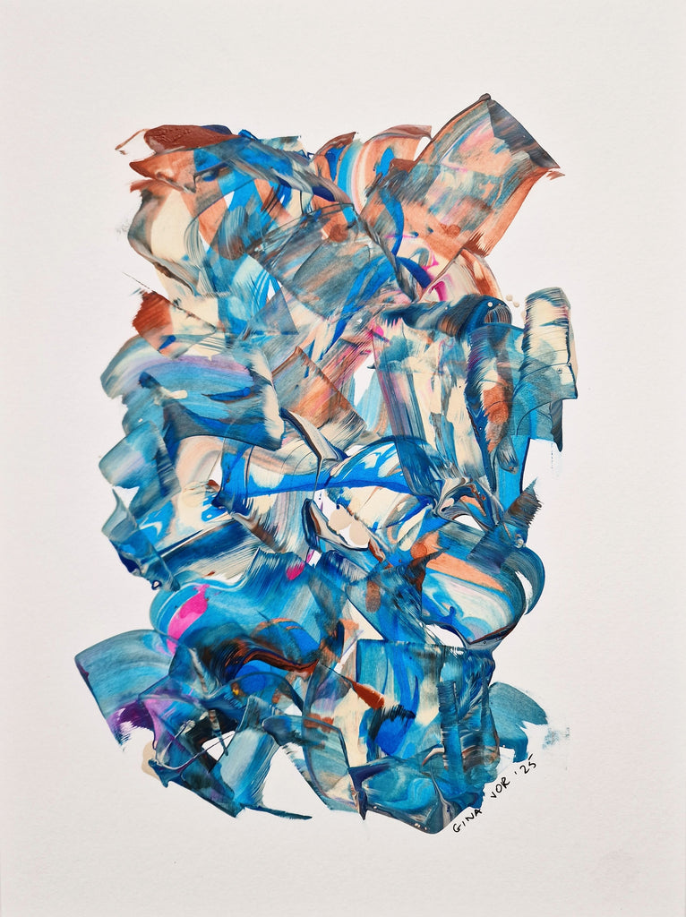 Abstract art piece with blue and orange colors on a white background