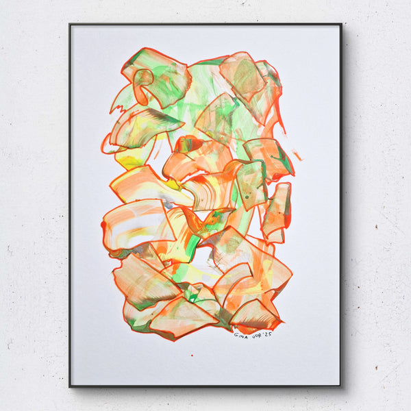 Abstract art by Gina Vor, small affordable painting in orange and green.