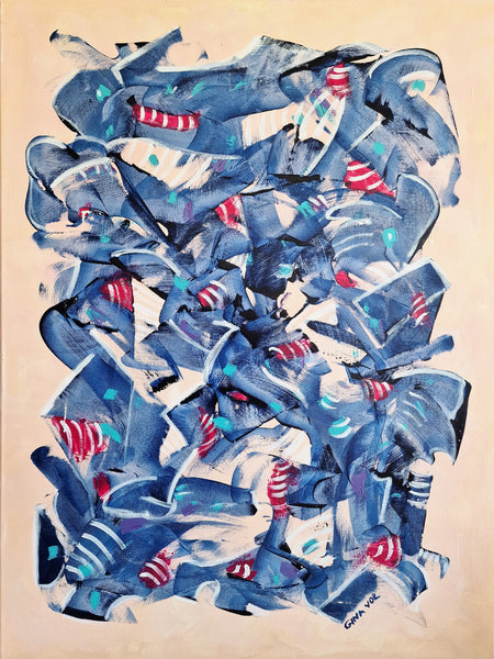 Abstract artwork with blue and red shapes on a beige background