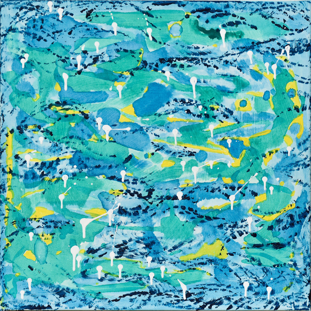 Tranquil Waters: "Aqua 4" Abstract by Gina Vor. Acrylics create a captivating watercolor effect of blues & greens with hints of yellow & white. A calming addition to any space.